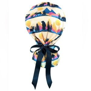 Nursing Scrub Cap with Ribbon Ponytail - Outdoor Sunset